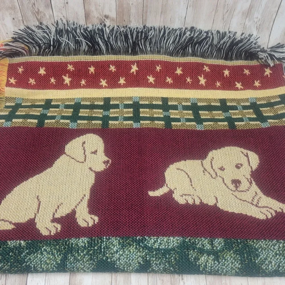 Dog Puppy Pattern Blanket Afgan Red Green Fringe Sides - Picture 6 of 6